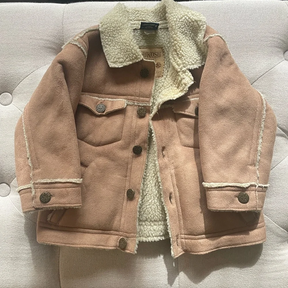 OshKosh B'gosh Tan Sherpa-Lined Boys Faux Suede Barn Trucker Jacket Coat EUC 12m